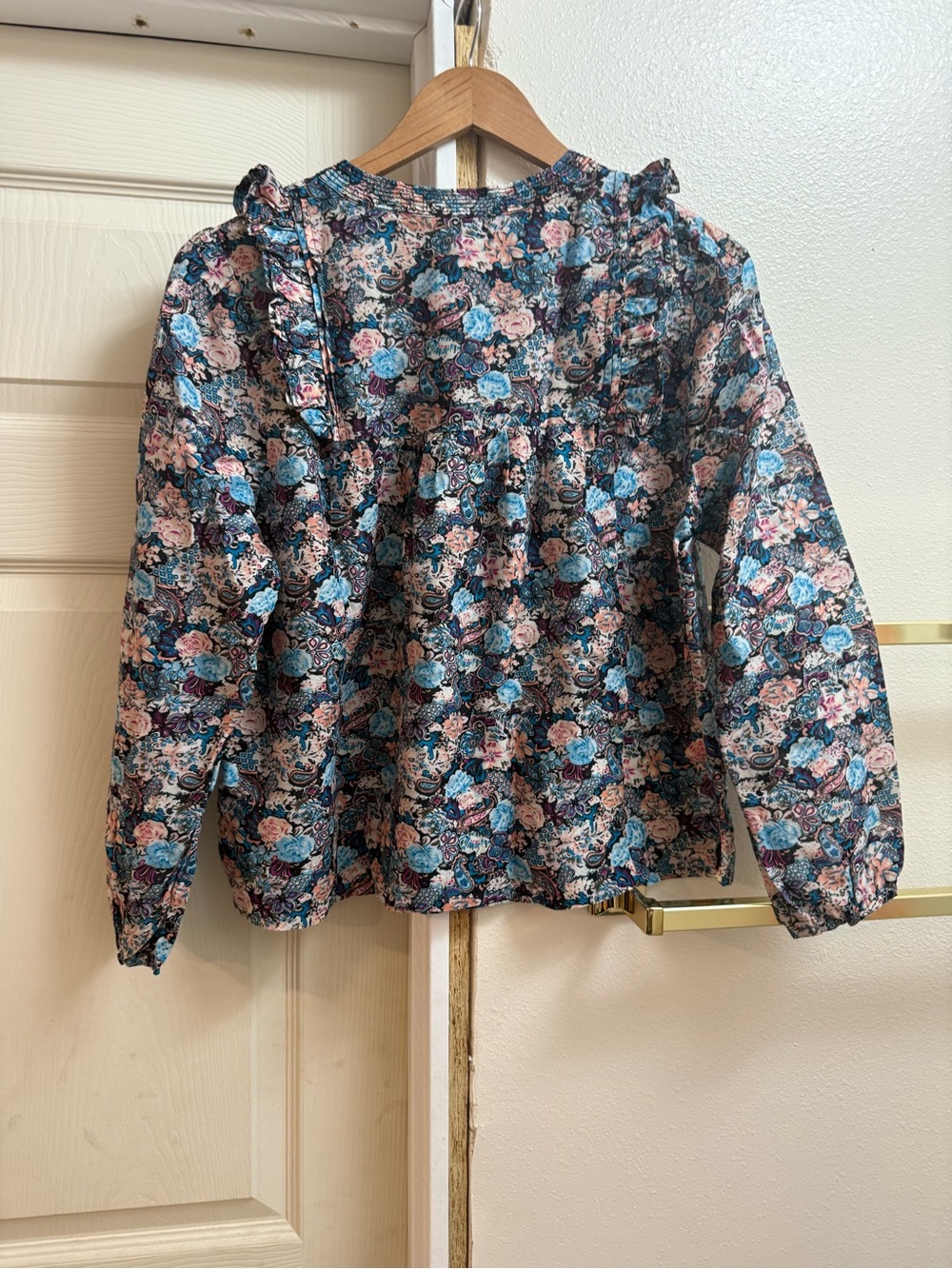 J. Crew Navy Floral Ruffle-Trim Long-Sleeve Blouse - Picture 3 of 7